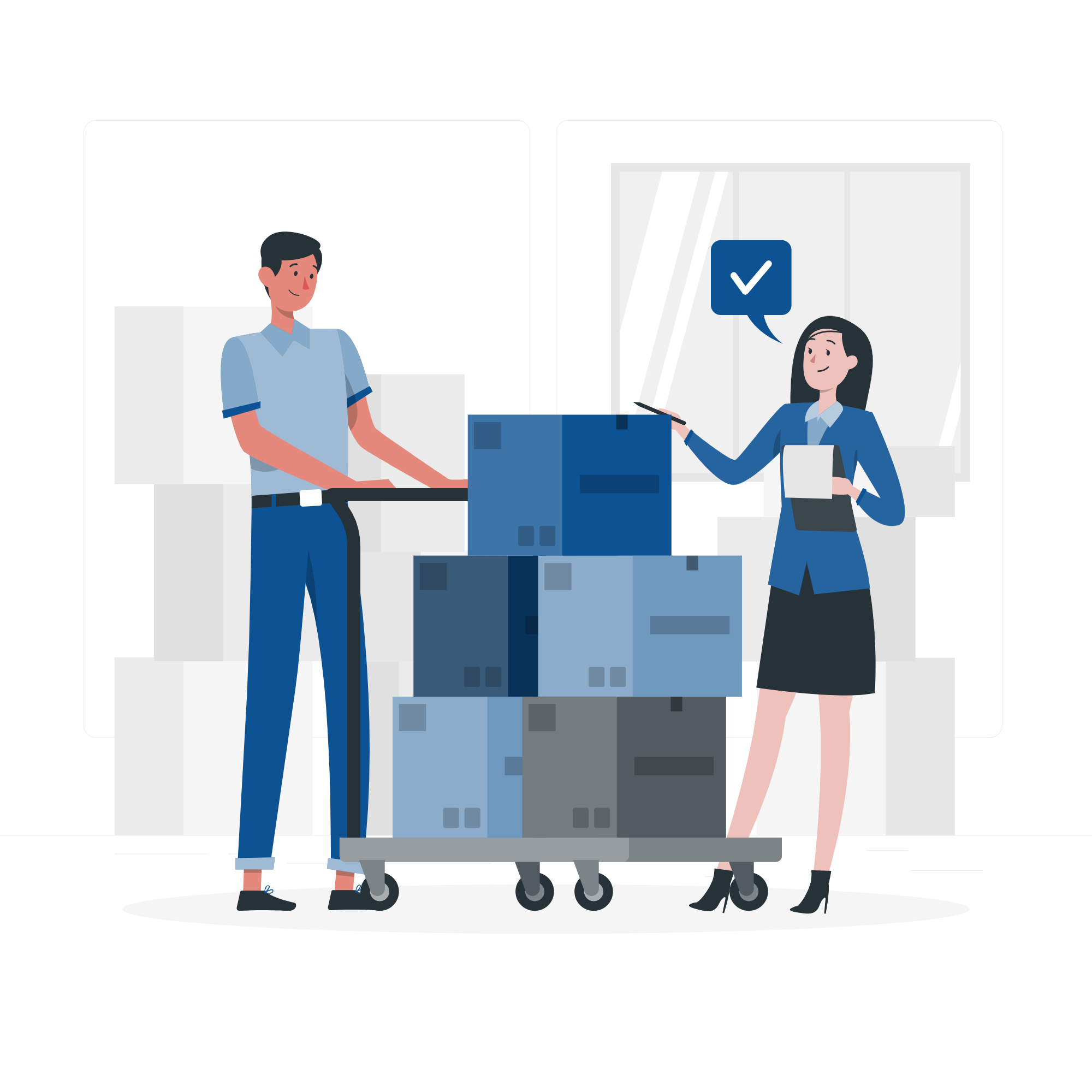 Illustration of two people checking off stacked boxes
