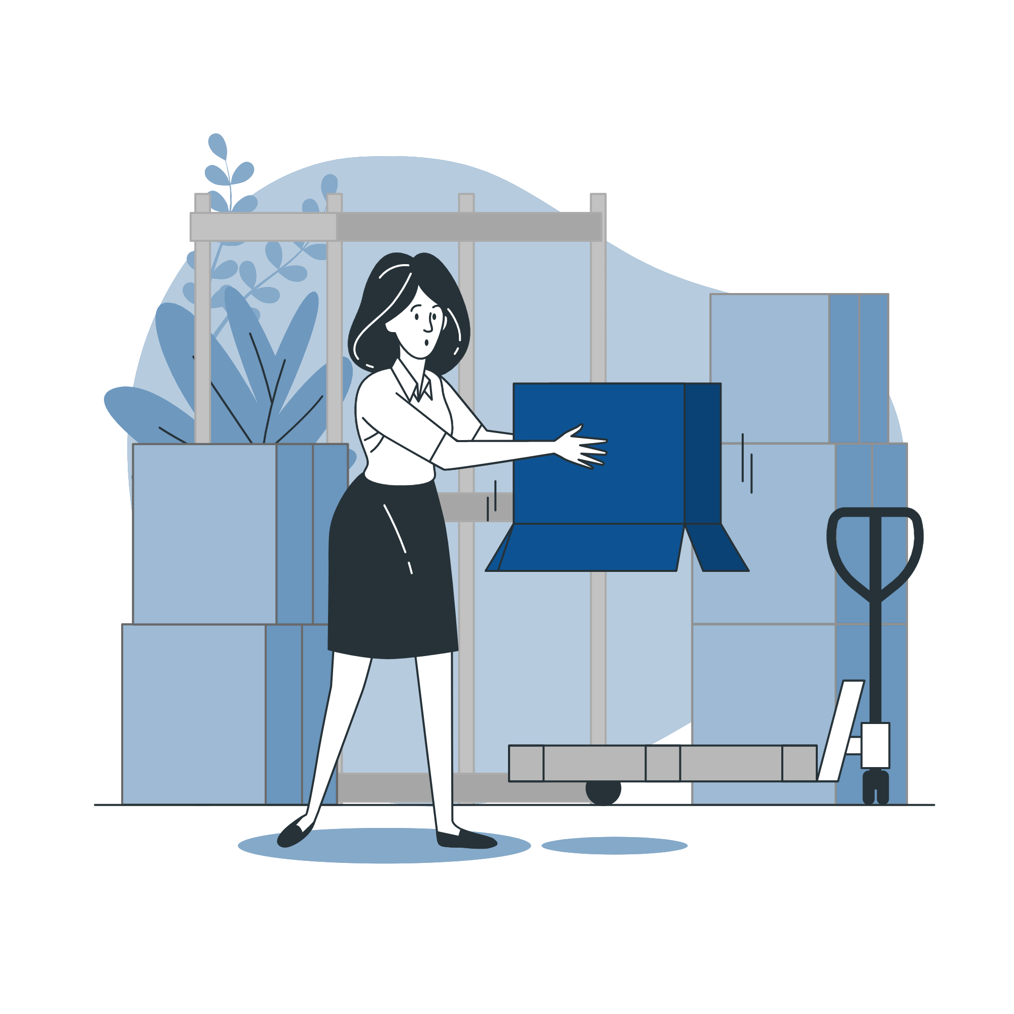 Illustration of a person moving boxes into storage
